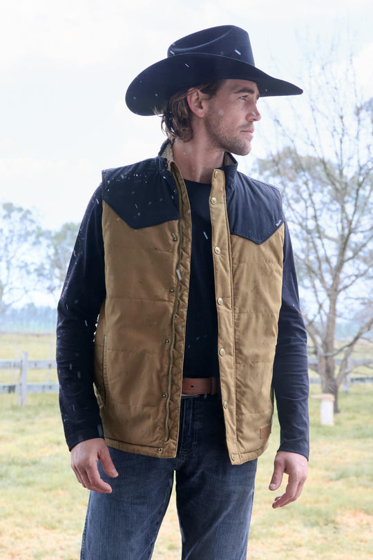 Mens Wrangler Ruben Canvas Vest - Dark Tan / Black