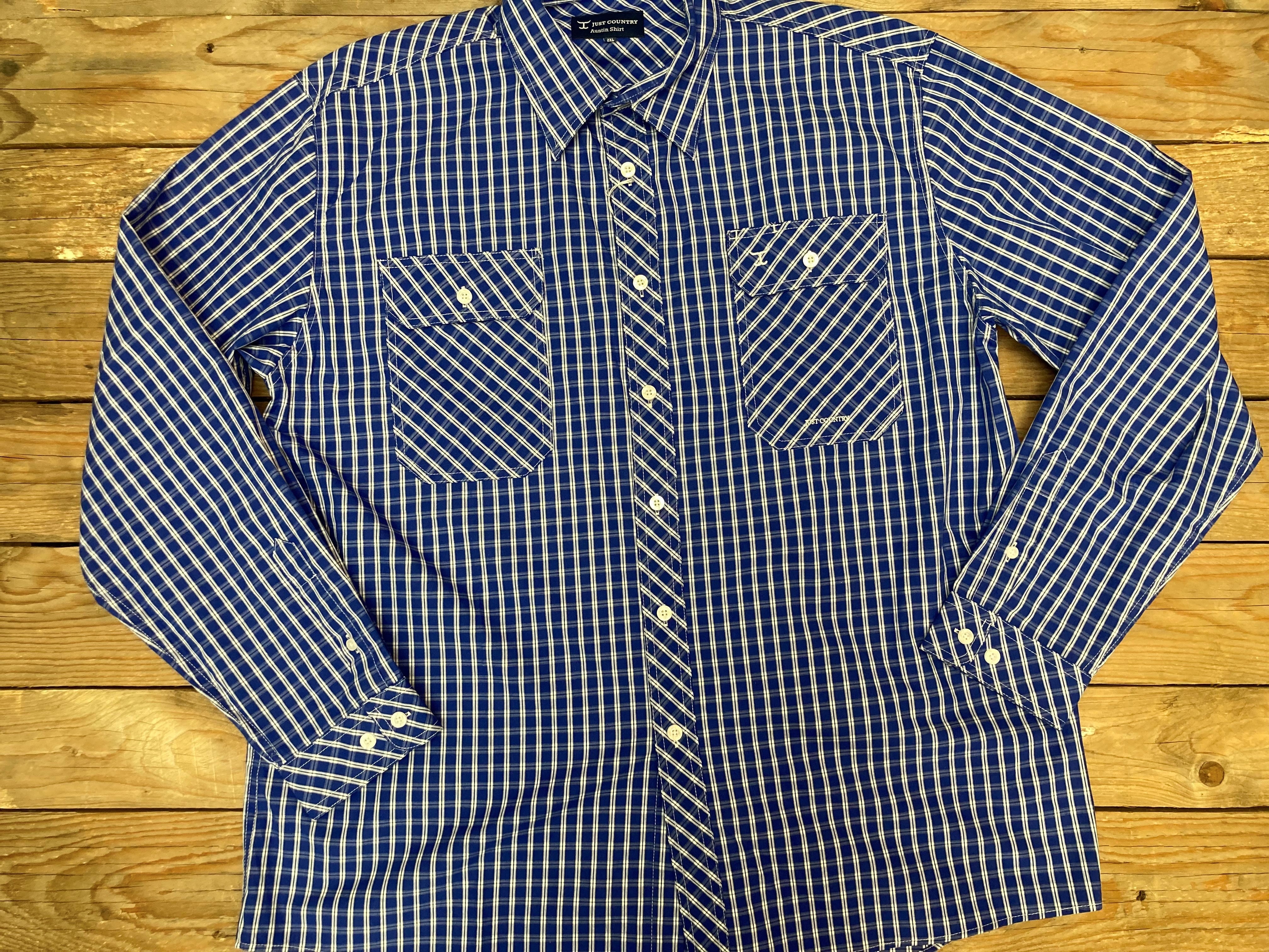 Mens Just Country Austin Full Button Check Workshirt - Cobalt / White (7225634947149)