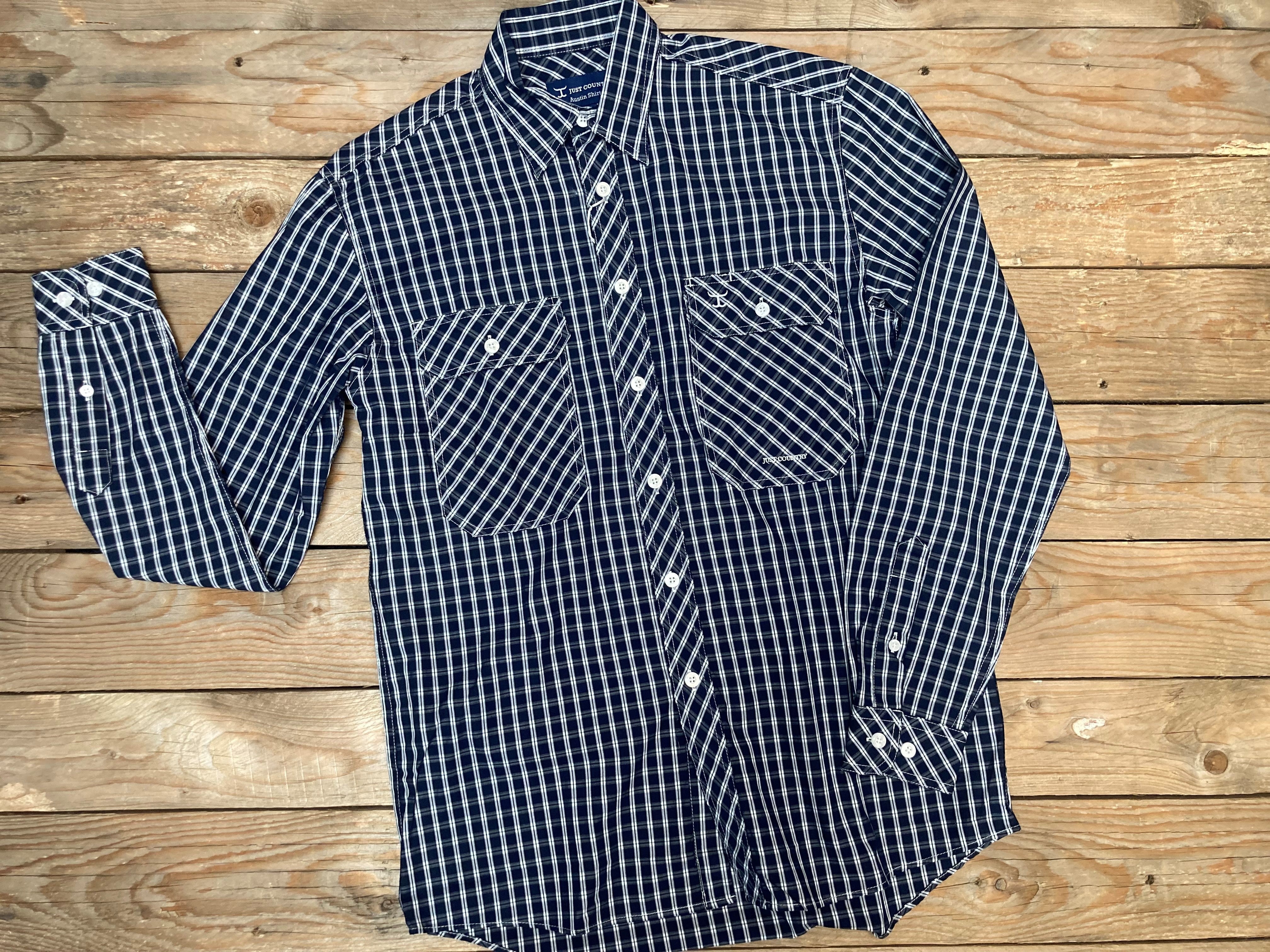 Mens Just Country Austin Check Full Button Workshirt - Navy (7225634914381)