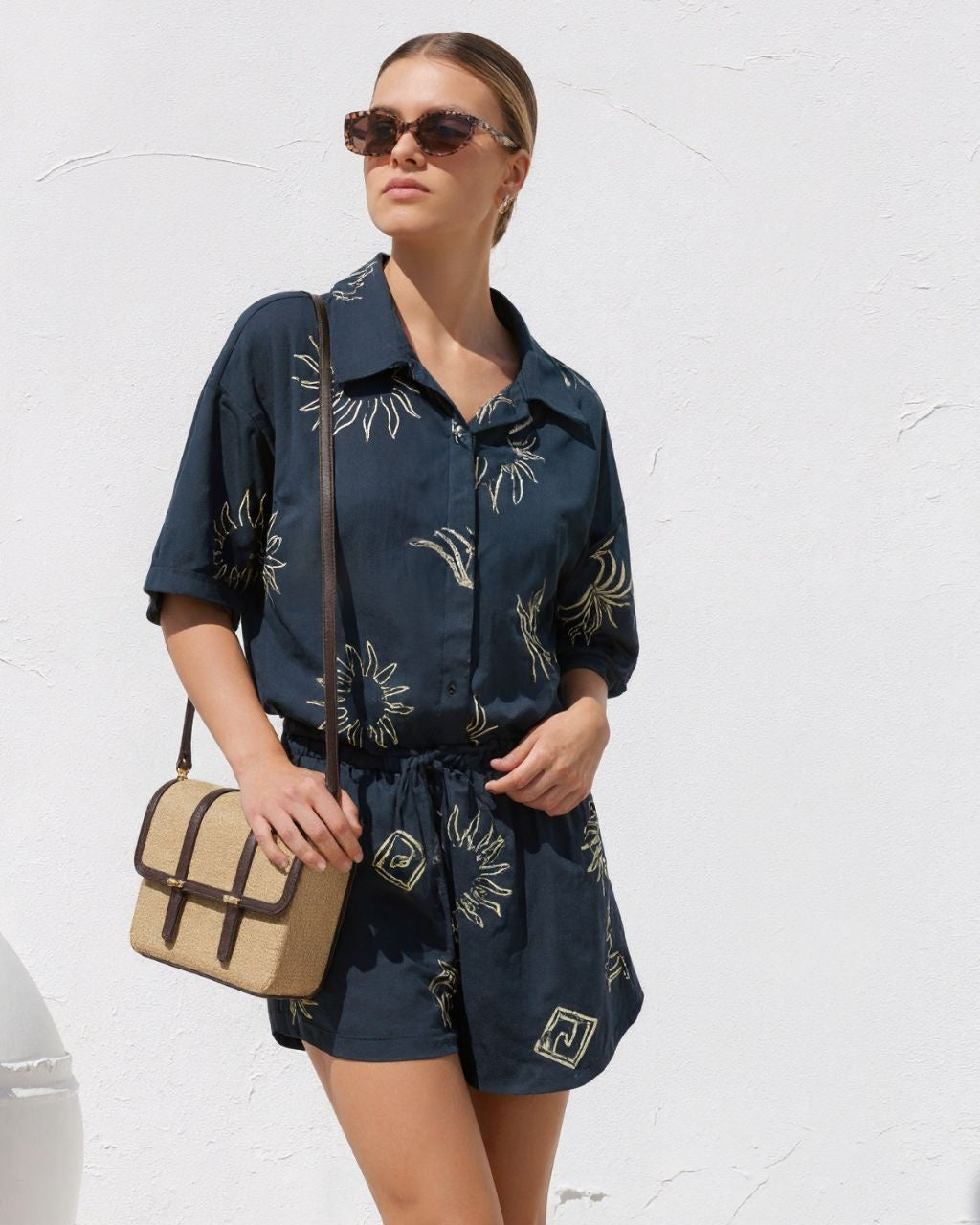 Womens Two Piece Set Shirt / Shorts - Black Sun abstract