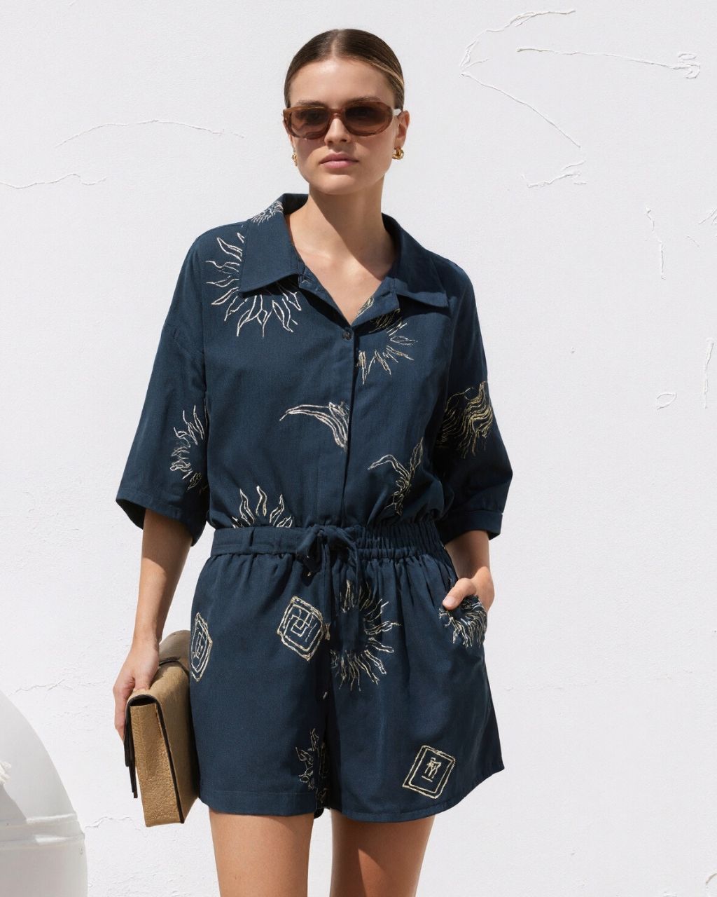 Womens Two Piece Set Shirt / Shorts - Black Sun abstract