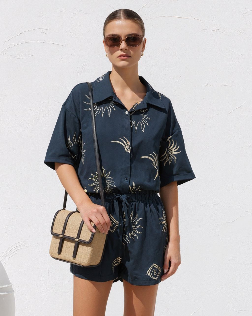Womens Two Piece Set Shirt / Shorts - Black Sun abstract