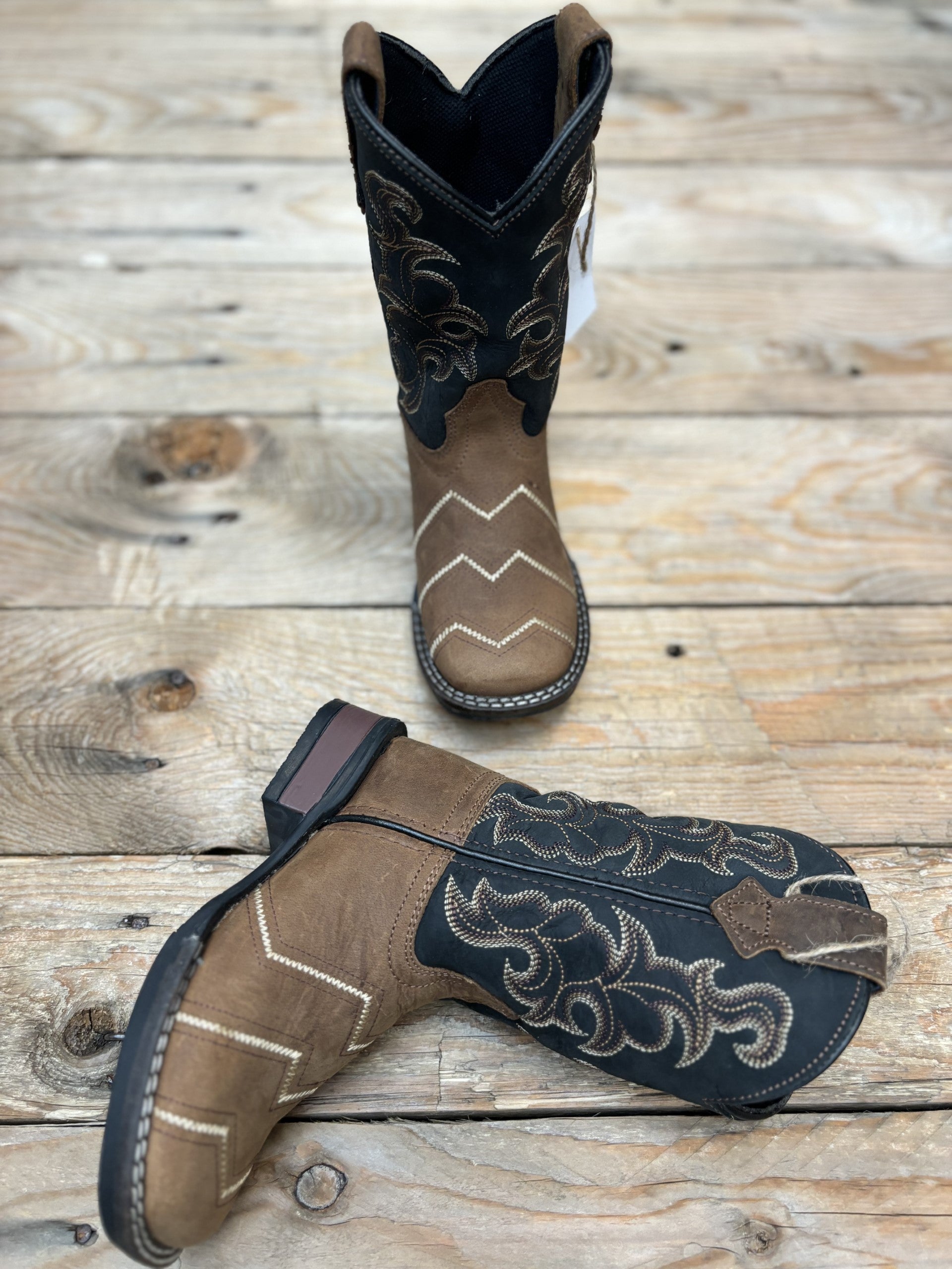 Kids Roper Monterey Angles Tan/Black Leather Boot (6752234274893)