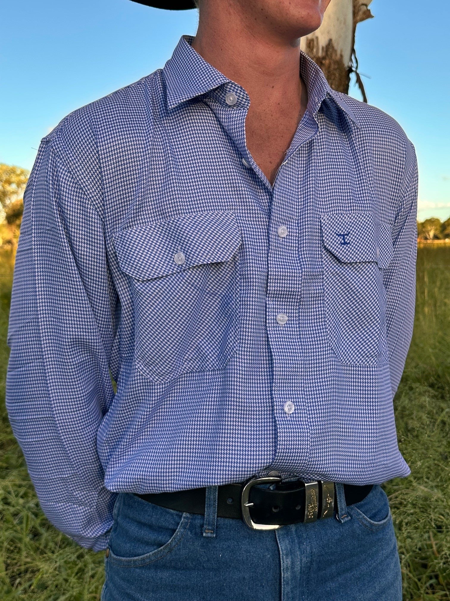 Mens Just Country Evan Bamboo Blend Workshirt - Blue Houndstooth (7441632002125)