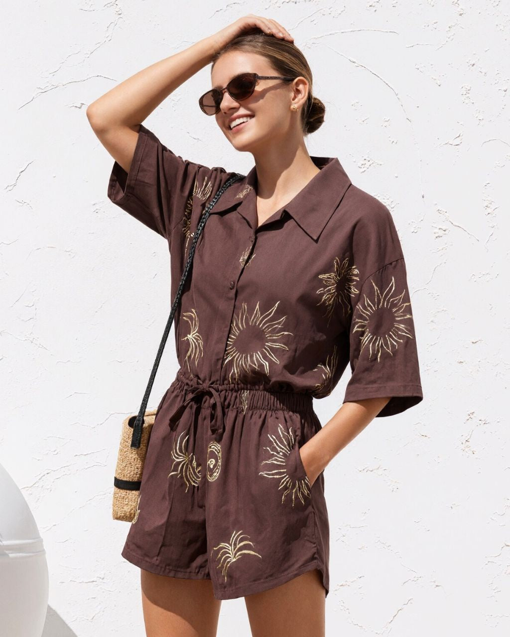 Womens Two Piece Set Shirt / Shorts - Brown Chocolate Sun abstract