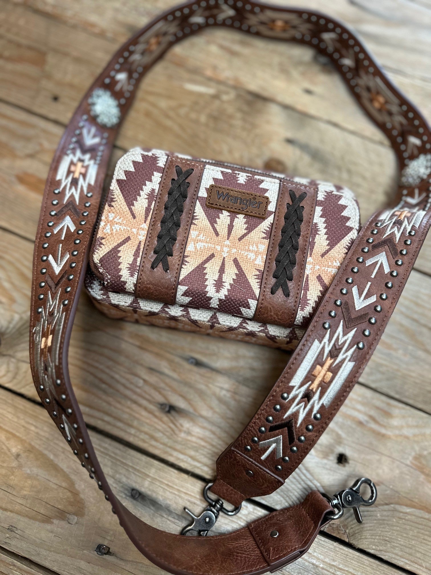 Wrangler Aztec South West Printed Crossbody Purse with Wallet Component - Light Coffee (7308226297933)