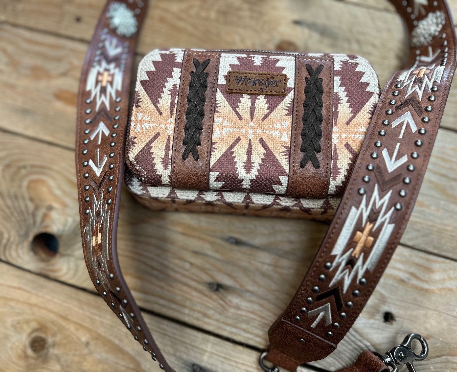 Wrangler Aztec South West Printed Crossbody Purse with Wallet Component - Light Coffee (7308226297933)