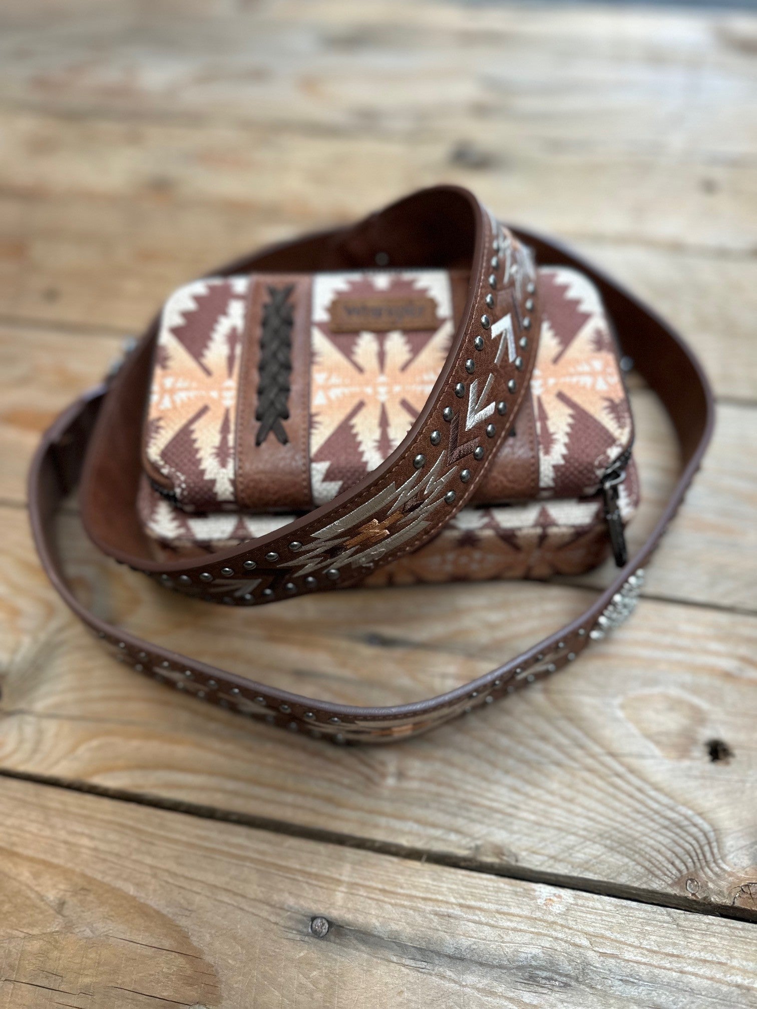 Wrangler Aztec South West Printed Crossbody Purse with Wallet Component - Light Coffee (7308226297933)