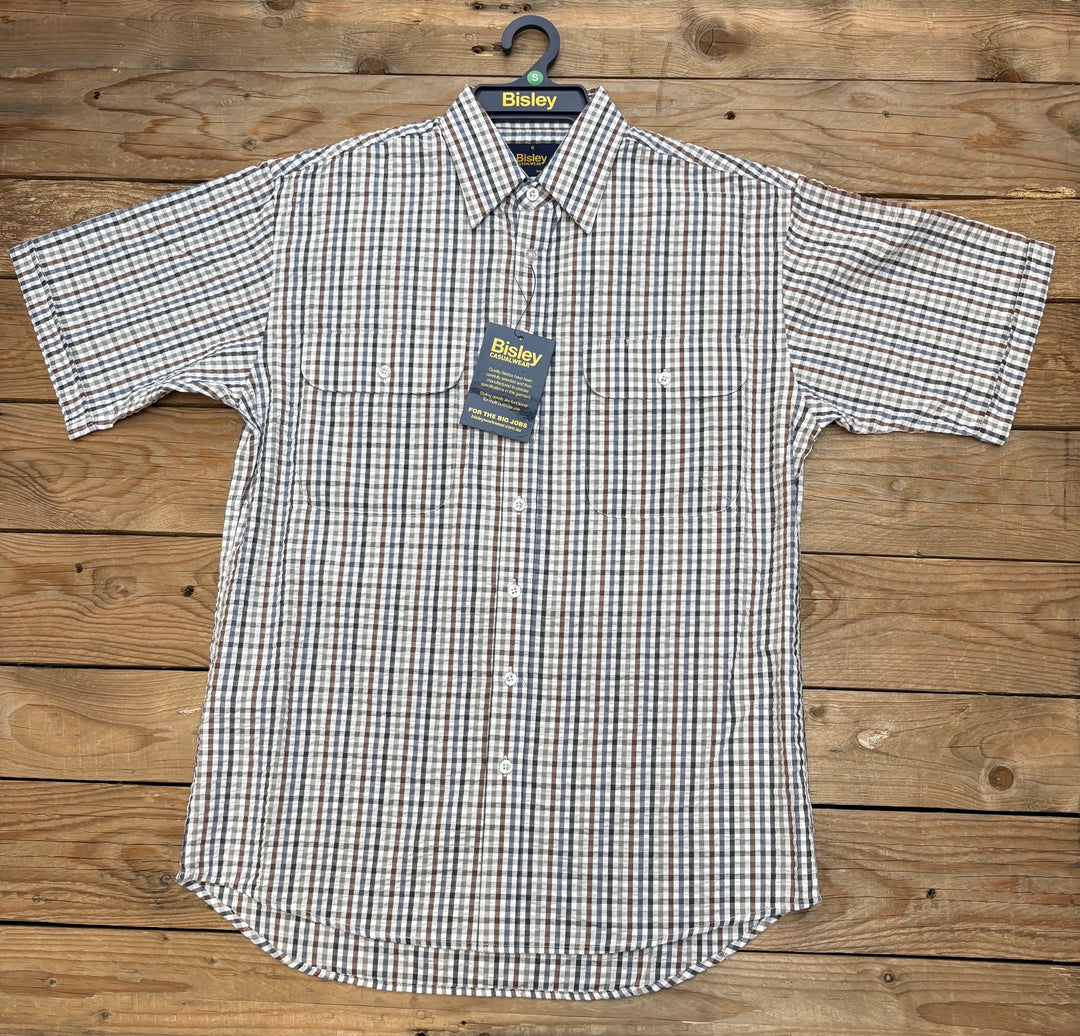 Mens Bisley Short Sleeve Poly/Cotton Shirt - Check Brown