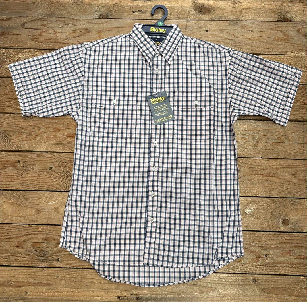 Mens Bisley Short Sleeve Poly/Cotton Shirt - Checked Pink