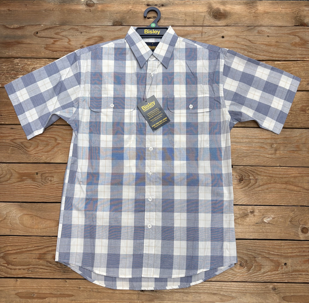 Mens Bisley Short Sleeve Poly/Cotton Shirt - Checked Blues