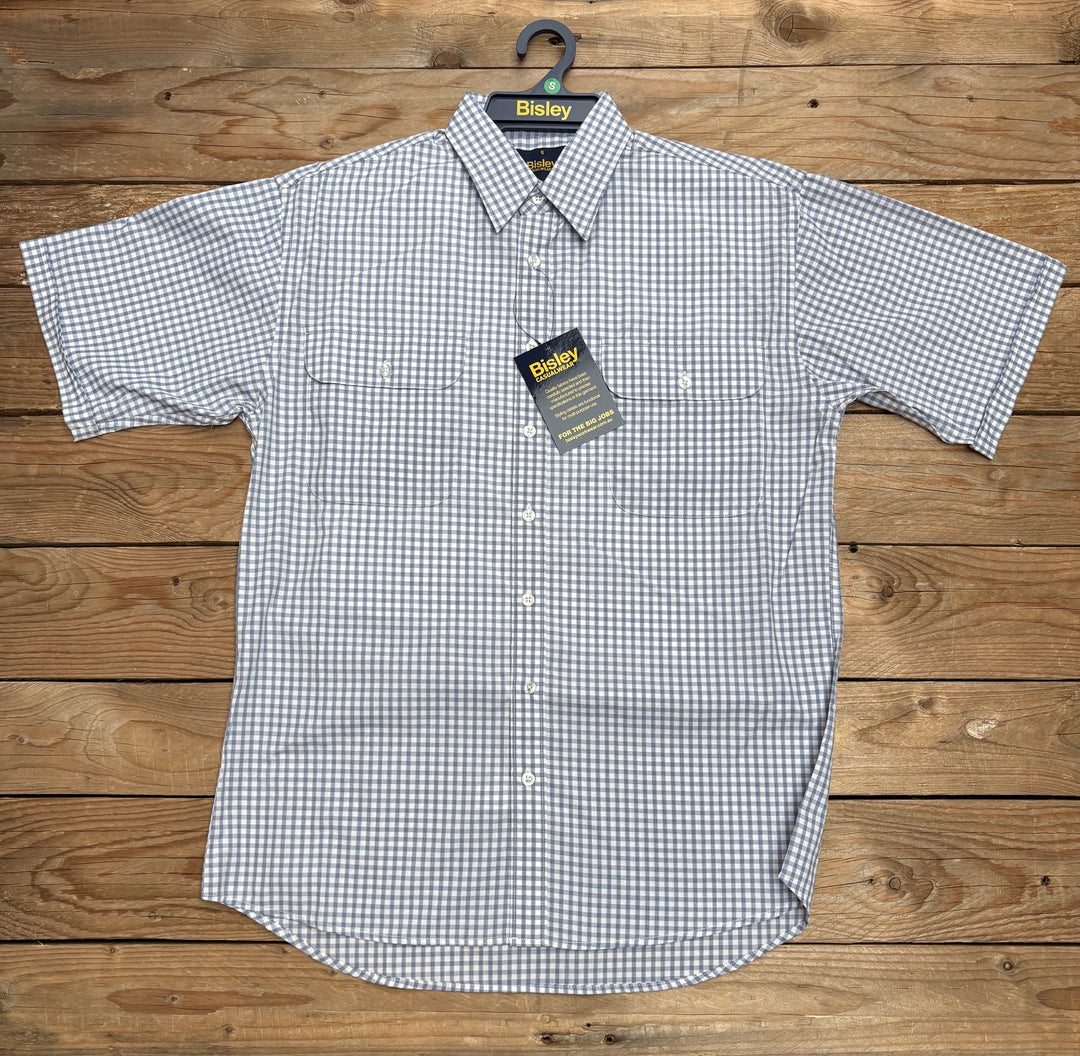 Mens Bisley Short Sleeve Poly/Cotton Shirt - Check Light Blue