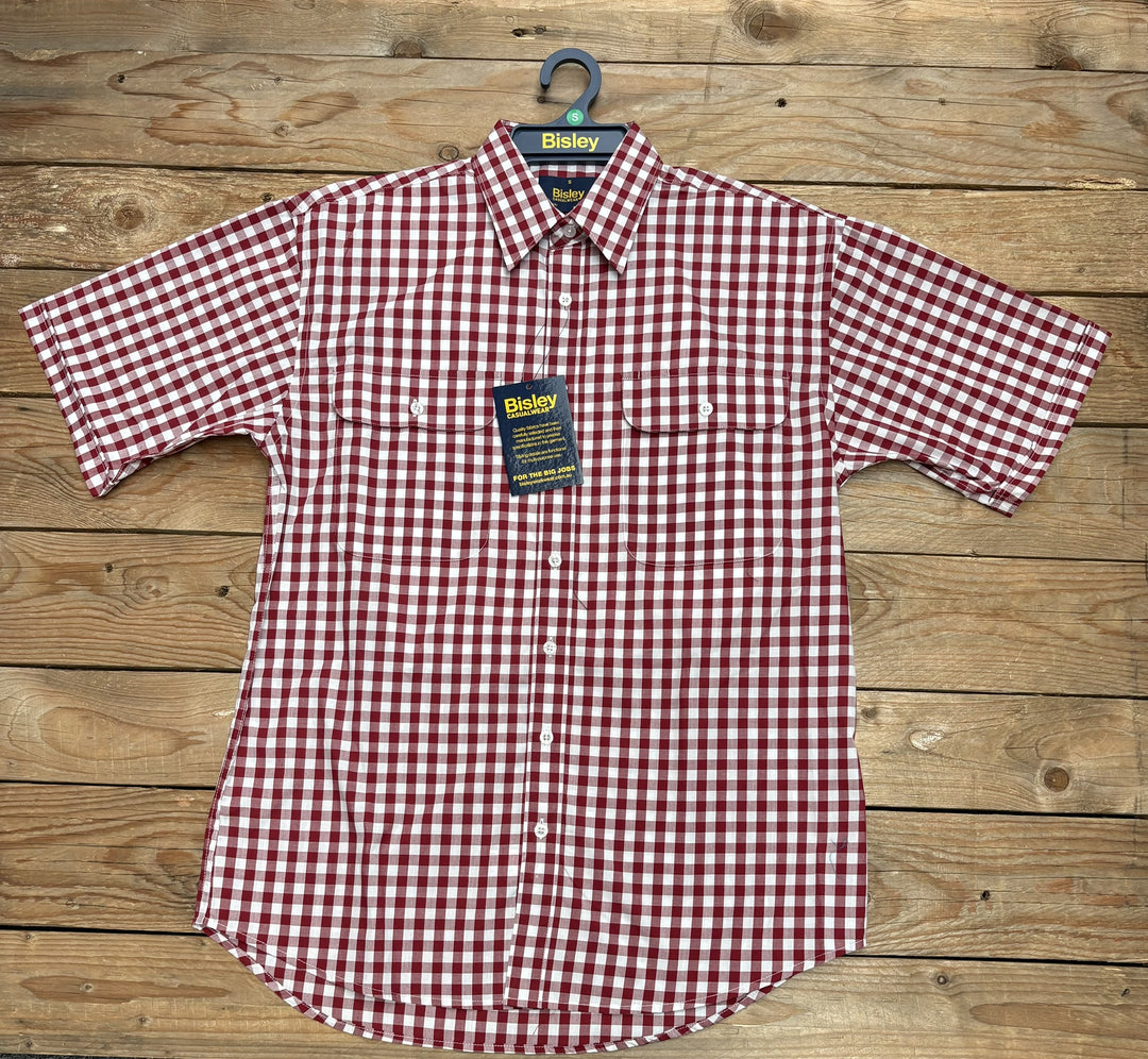 Mens Bisley Short Sleeve Poly/Cotton Shirt - Check Red