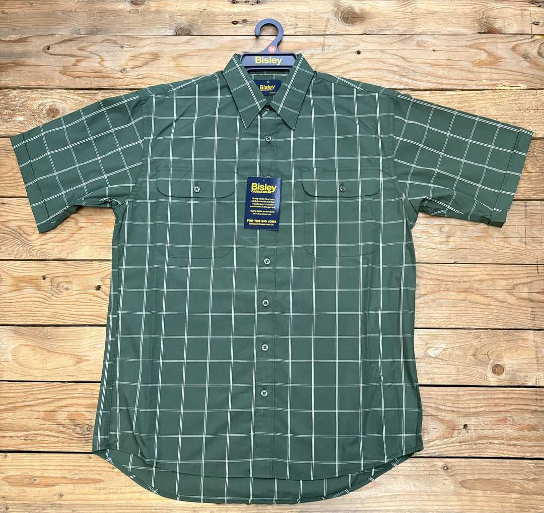Mens Bisley Short Sleeve Poly/Cotton Shirt - Check Dark Green