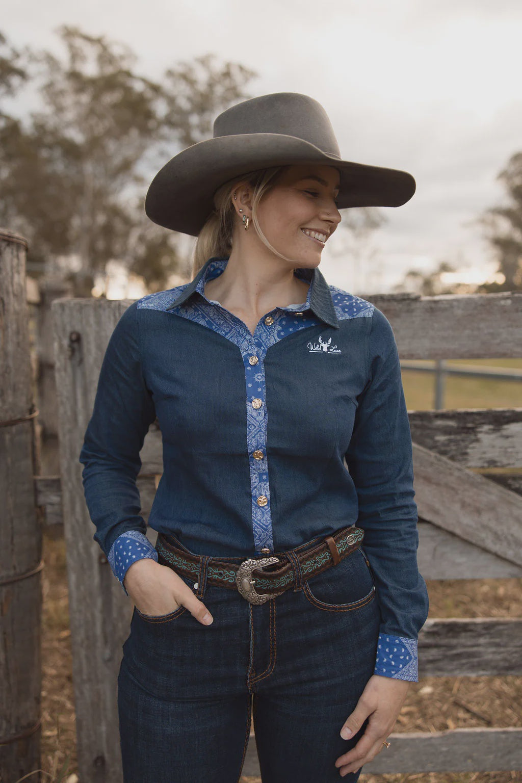 Womens Wild Lace Wear Calamity Arena Shirt - Denim Blue and Paisley