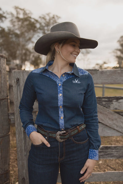 Womens Wild Lace Wear Calamity Arena Shirt - Denim Blue and Paisley
