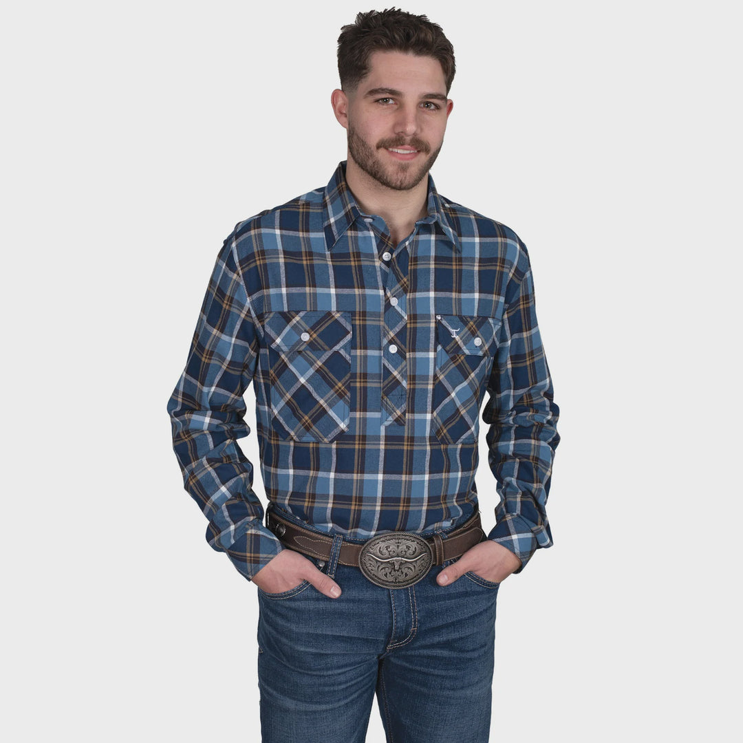 Mens Just Country Cameron Flannelette Workshirt - Blue / Navy / Tan