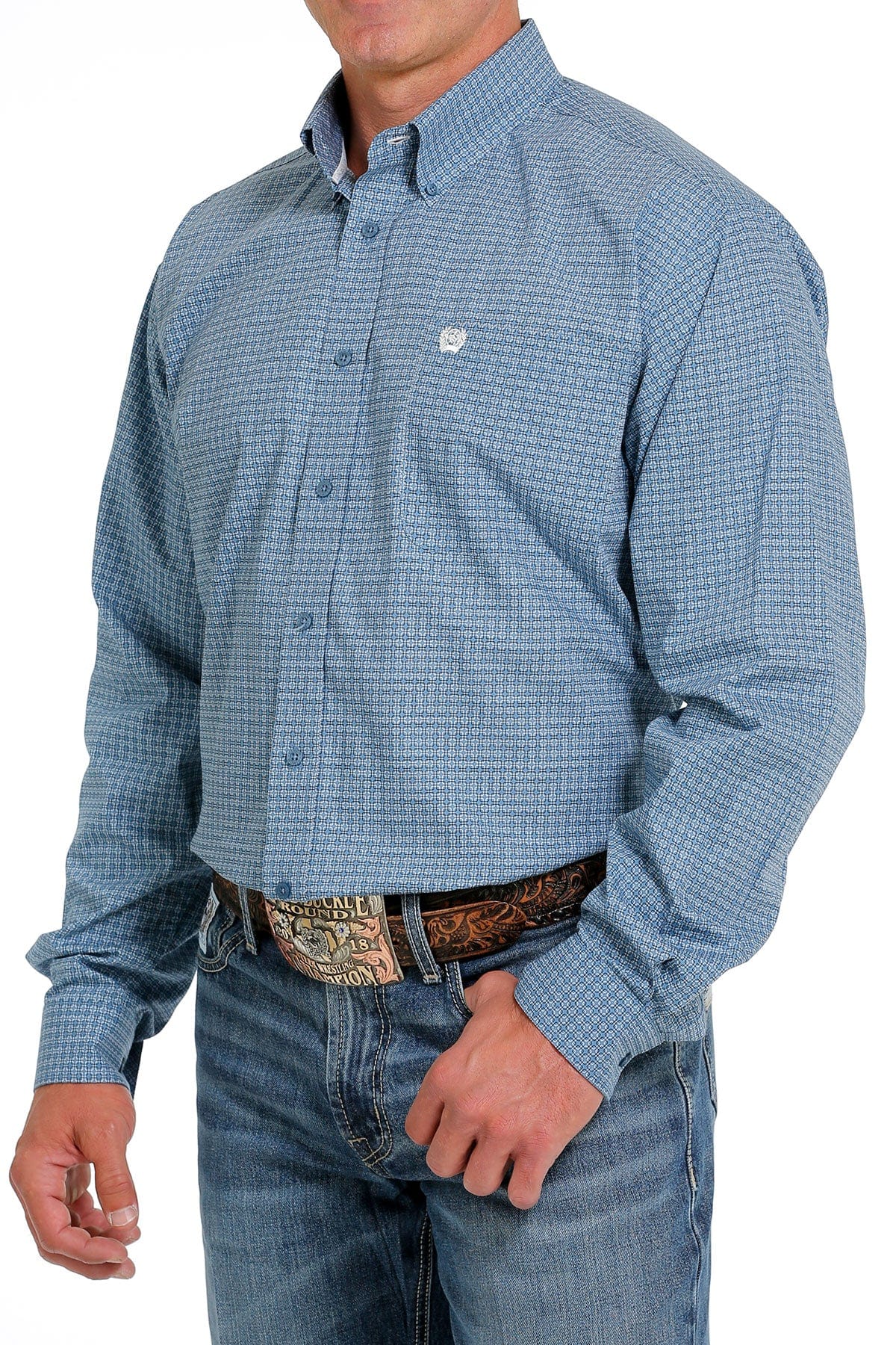 Mens Cinch Square Pattern Print Button Down Shirt - Blue (7012107485261)