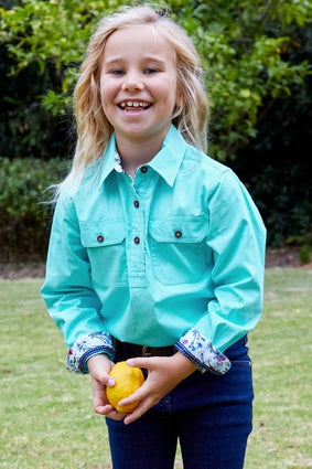 Girls Thomas Cook Light Half Button LS Shirt with Contrast Collar - Aqua or Watermelon (7336731934797)