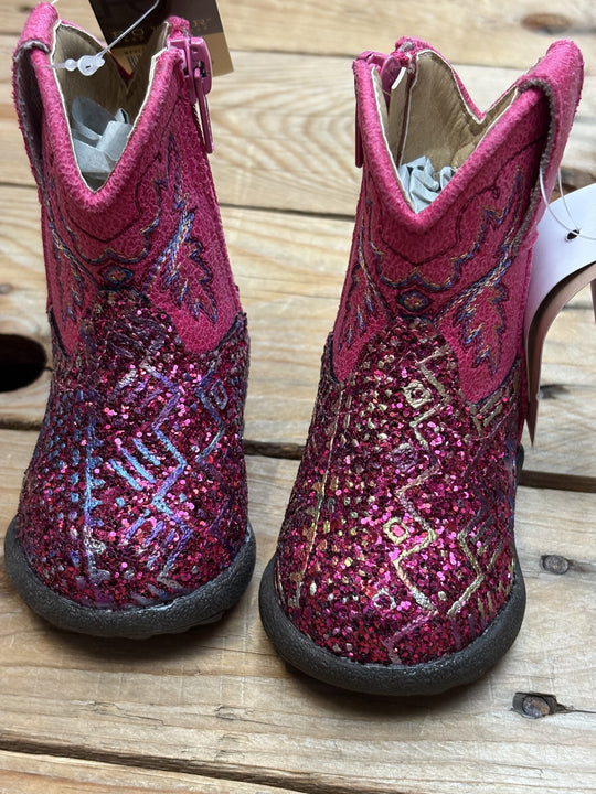 Infant Baby Roper Cowbabies Glitter Aztec II Boot - Fuschia / Fuschia Glitter