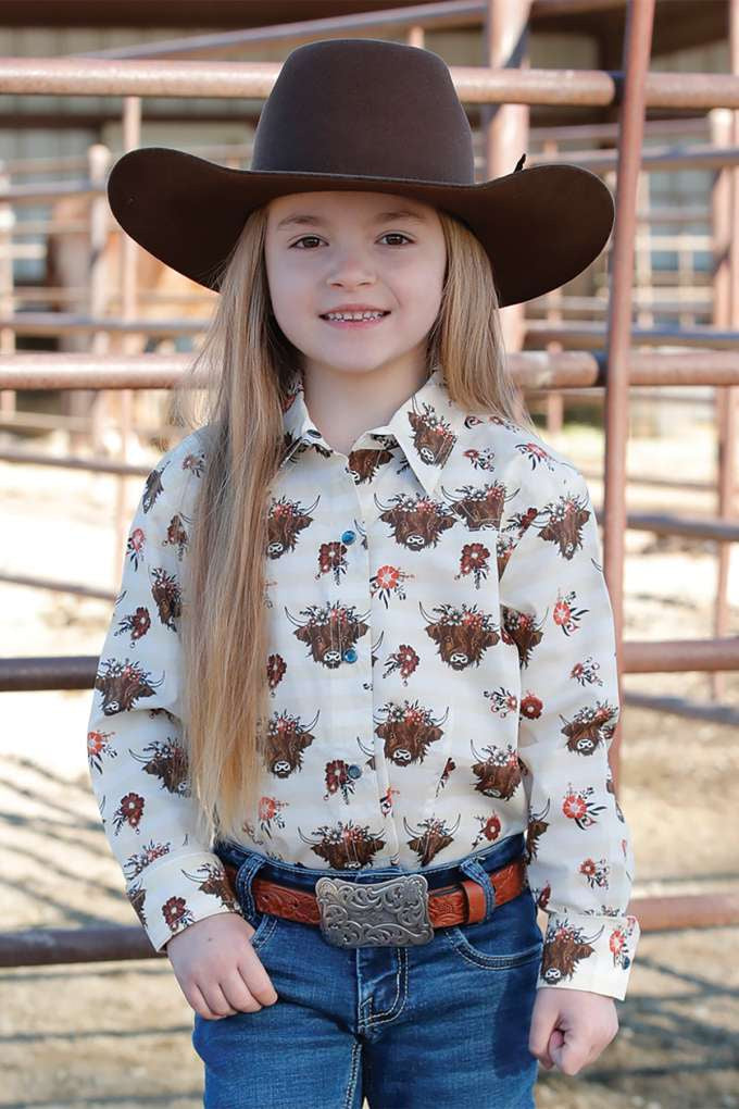 Girls Cruel Denim Highland Cow Shirt - Cream (7422601658445)