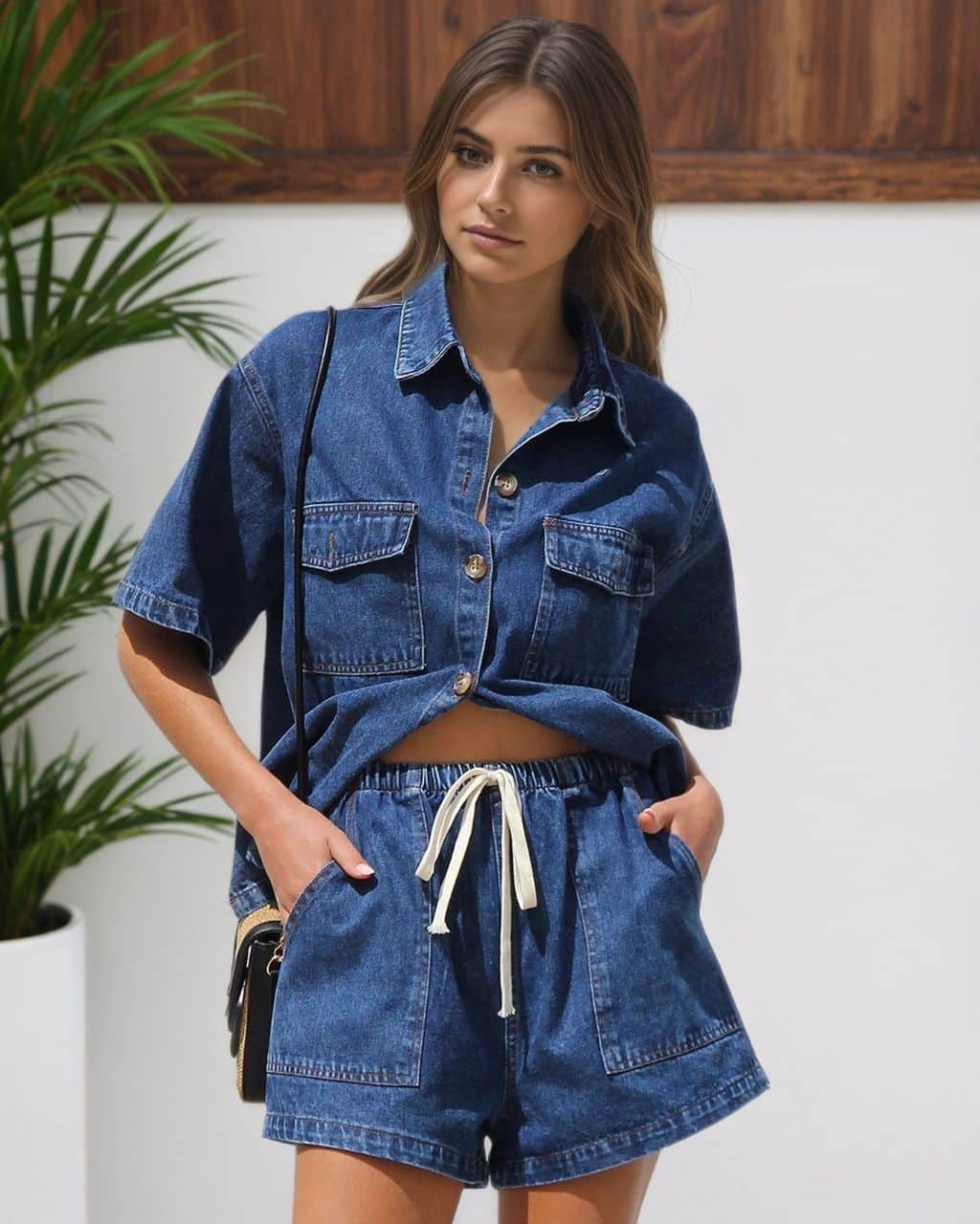 Womens Two Piece Denim Set shirt / shorts - Dark or Light
