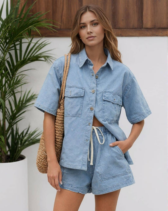 Womens Two Piece Denim Set shirt / shorts - Dark or Light