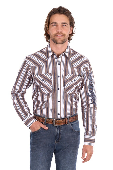 Mens Wrangler Eli Logo Long Sleeve Shirt - Denim Blue / Tan