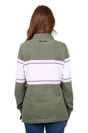 Womens Wrangler Eliza Rugby Shirt Jumper  - Olive /  White (7472710451277)
