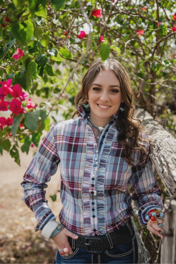 Womens Hitchley &amp; Harrow F2004 Fitted Frill Front Shirt - Blue, Burgundy, White and Beige Check