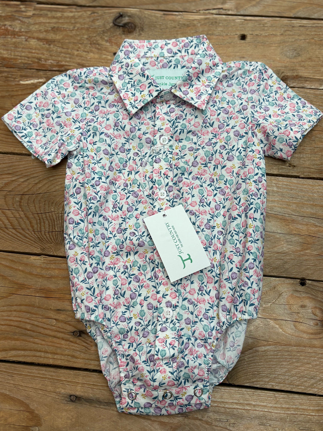 Infant Just Country Frankie Short Sleeve Full Button Jumpsuit / Romper - White Tulips