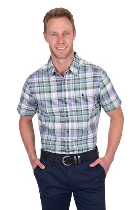 Men’s Thomas Cook Gerry Check Linen Short Sleeve Shirt - Green / Navy