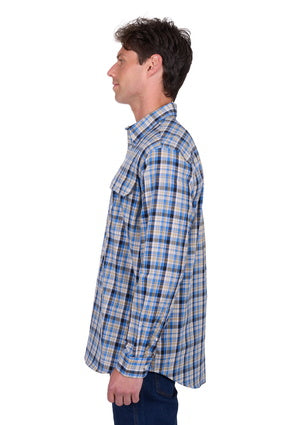 Men's Hard Slog Gibson Half Placket Long Sleeve Shirt - Blue / Tan