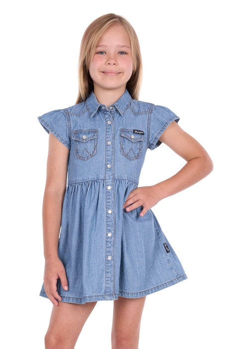 Kids Girls Wrangler Poppy Short Sleeve Denim Dress - Chambray