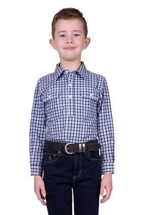 Kids Hard Slog Coney Half Button LS Shirt - Navy / Blue