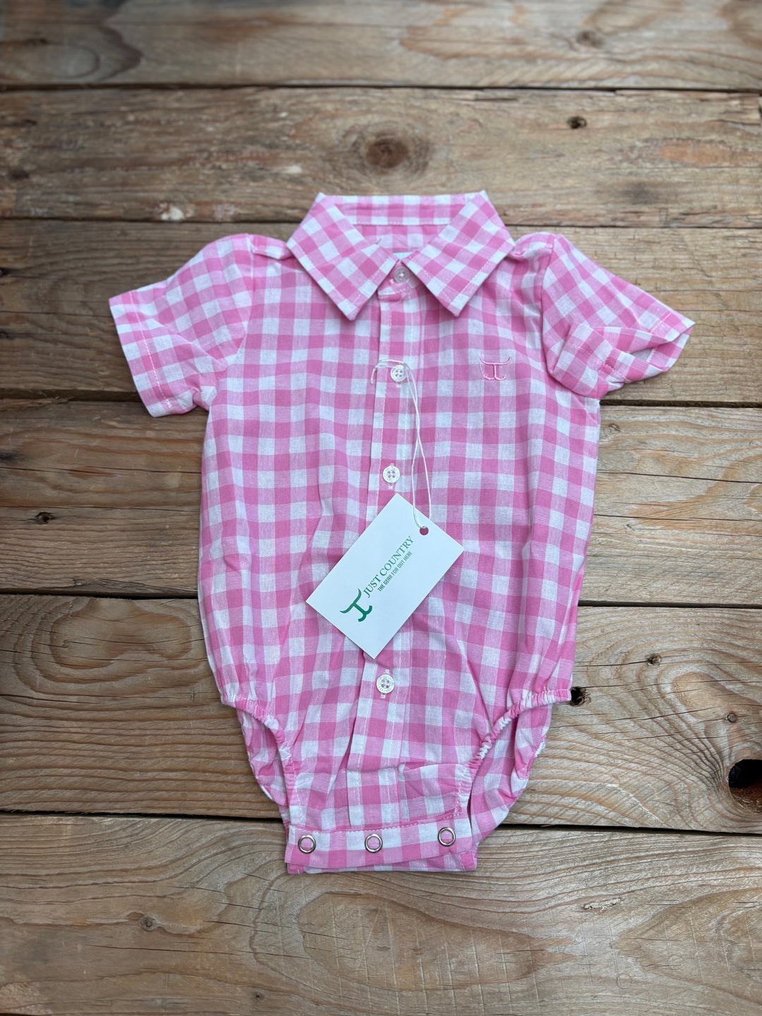 Infant Just Country Frankie Short Sleeve Full Button Workshirt Jumpsuit / Romper - Pink Lemonade &amp; White Check