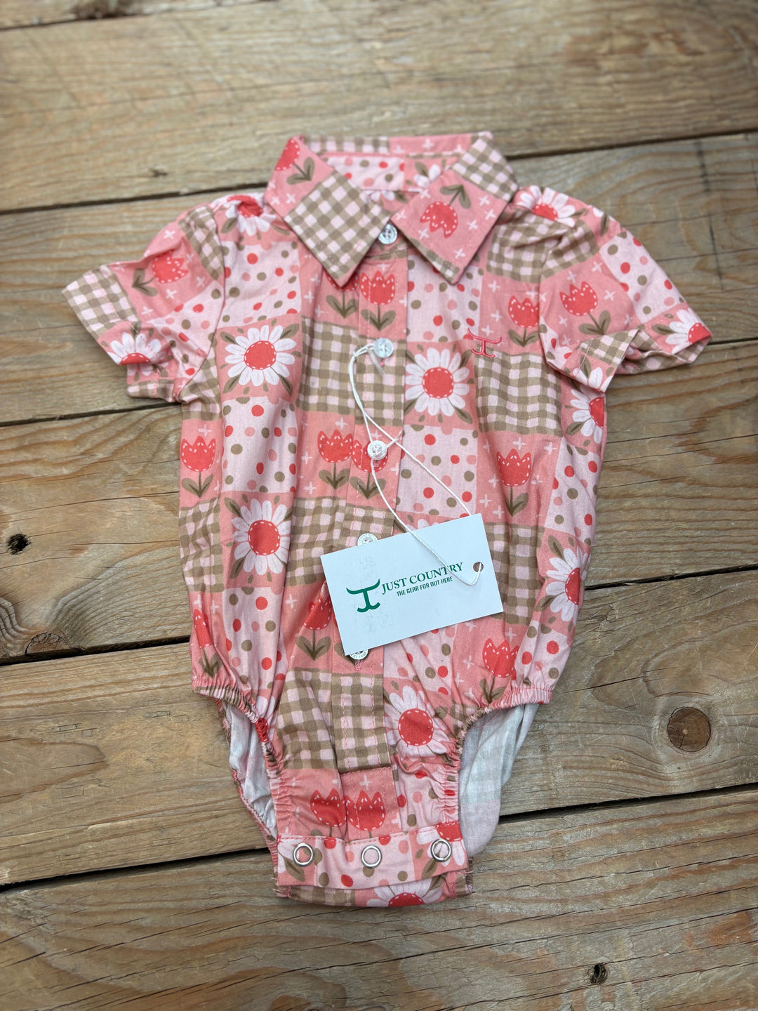 Infant Just Country Frankie Short SLeeve Full Button Jumpsuit - Peach Daisies
