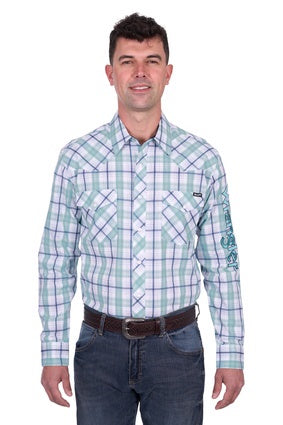 Mens Wrangler Jacob Logo LS Shirt - Green / White (7554367062093)