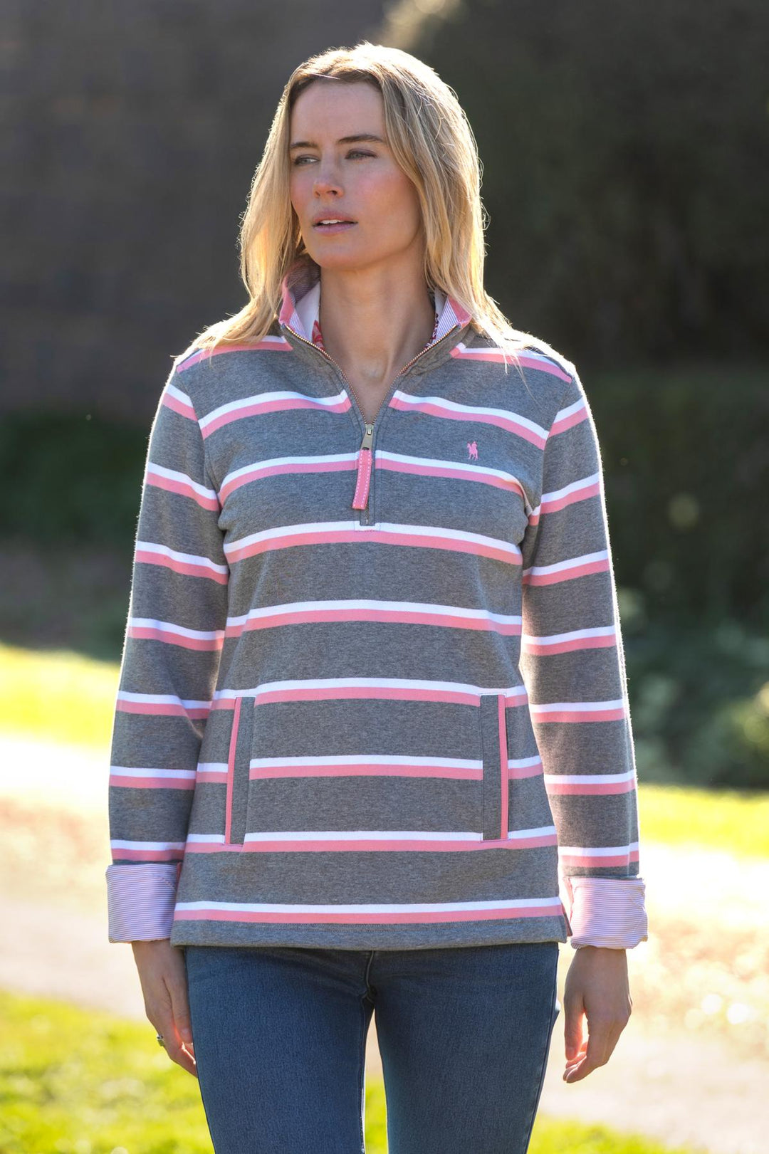 Womens Thomas Cook Jane 1/4 Zip Rugby Shirt Jumper - Charcoal Marle / Pink / White