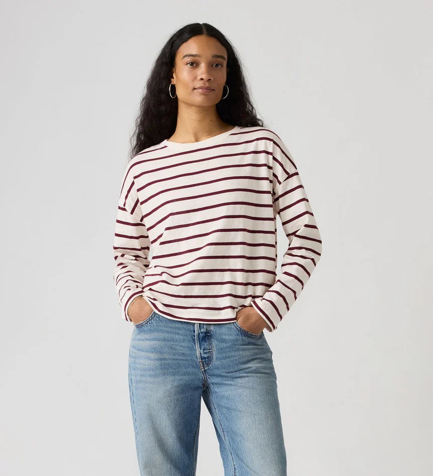 Womens Levi Strauss Julie Slub Long Sleeve Tee Tshirt -Saint Stripe Egret Tawny Port