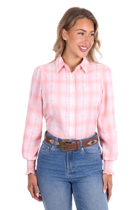 Womens Pure Western Kelli Long Sleeve Shirt - Peach / White