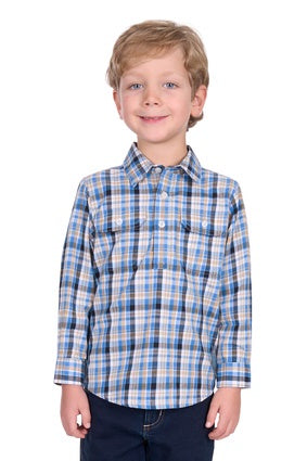 Kids Hard Slog Gibson Half Placket Long Sleeve Shirt - Blue / Tan