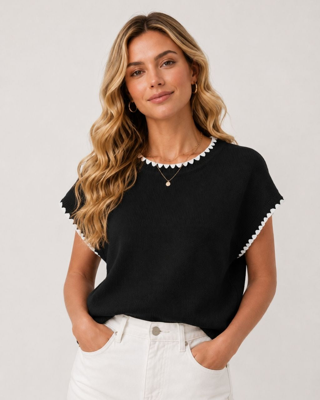 Womens Poppy Knit Top with Edging - Black