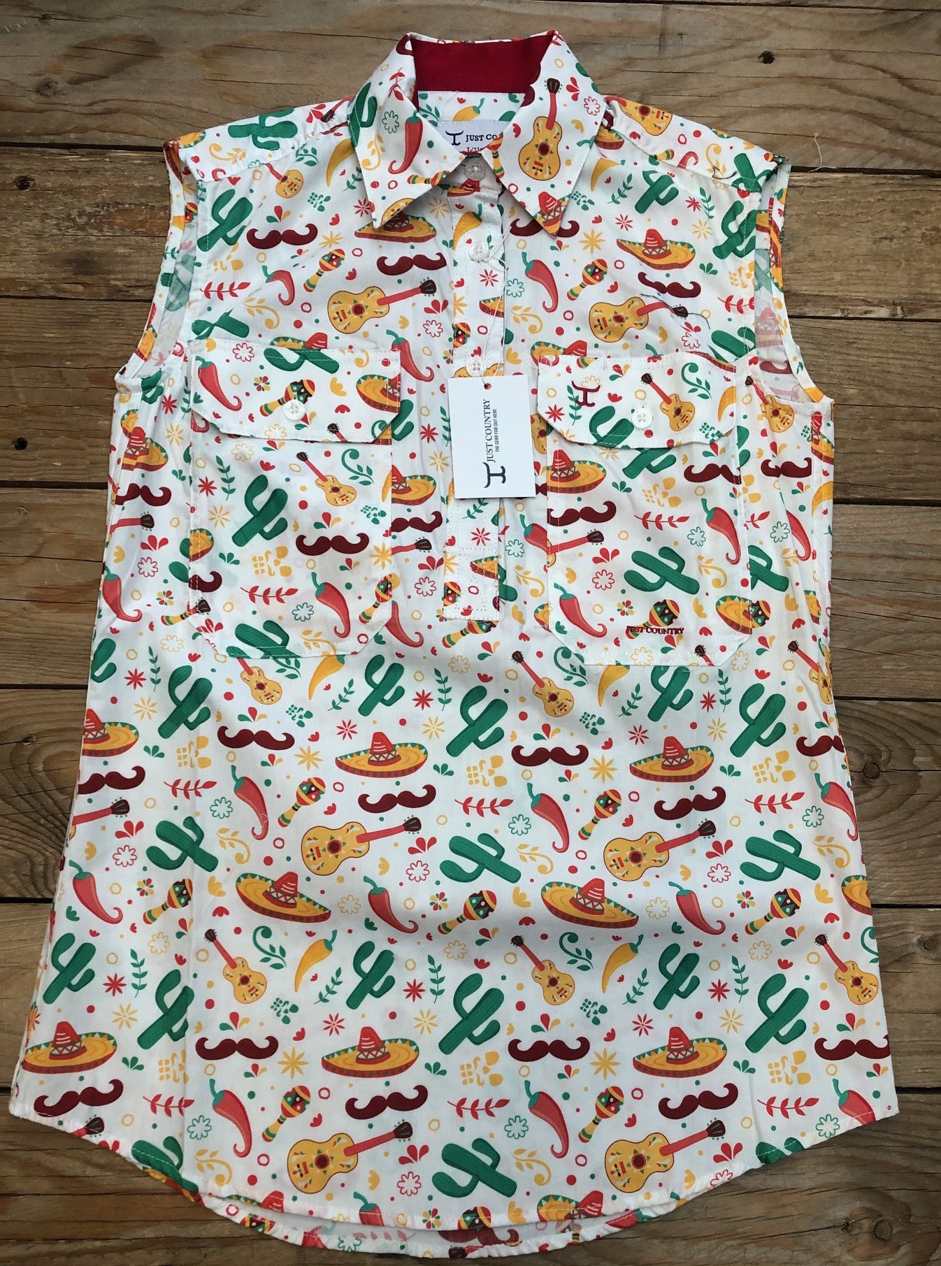 Womens Just Country Lilly Half Button Sleeveless Workshirt - White Cactus / Chilli (7336636743757)