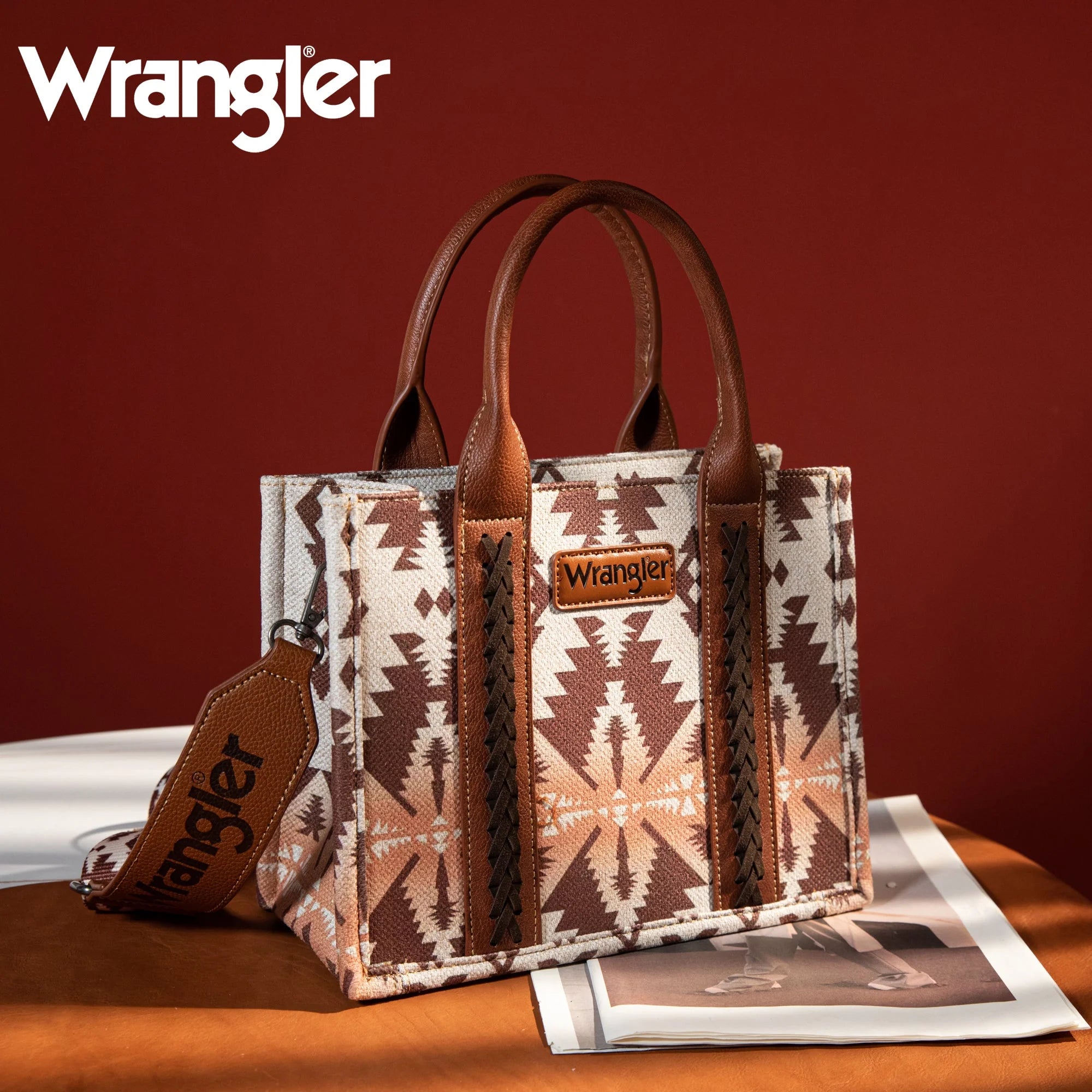 A Wrangler Southwestern Print Small Canvas Tote / Crossbody Bag - Light Coffee (6969633767501)