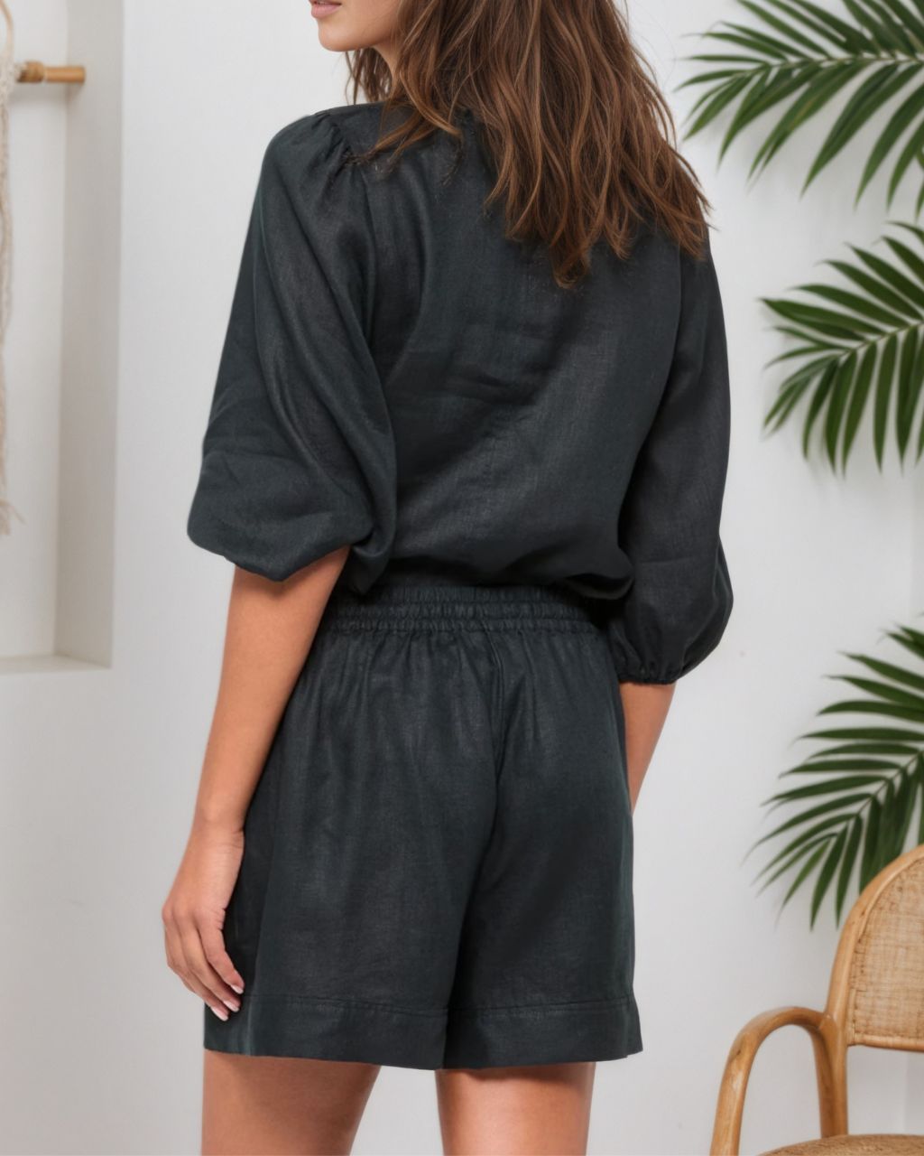 Womens Linen Blend Shorts - Black