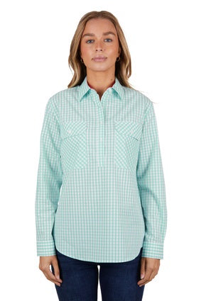 Womens Hard Slog Lize Check Half Button LS Shirt - Teal (7336666955853)
