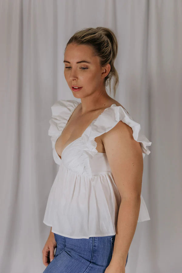 Womens El Jay Lori Flutter Top with Back Tie - White