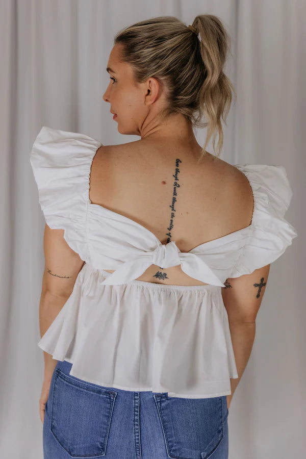 Womens El Jay Lori Flutter Top with Back Tie - White