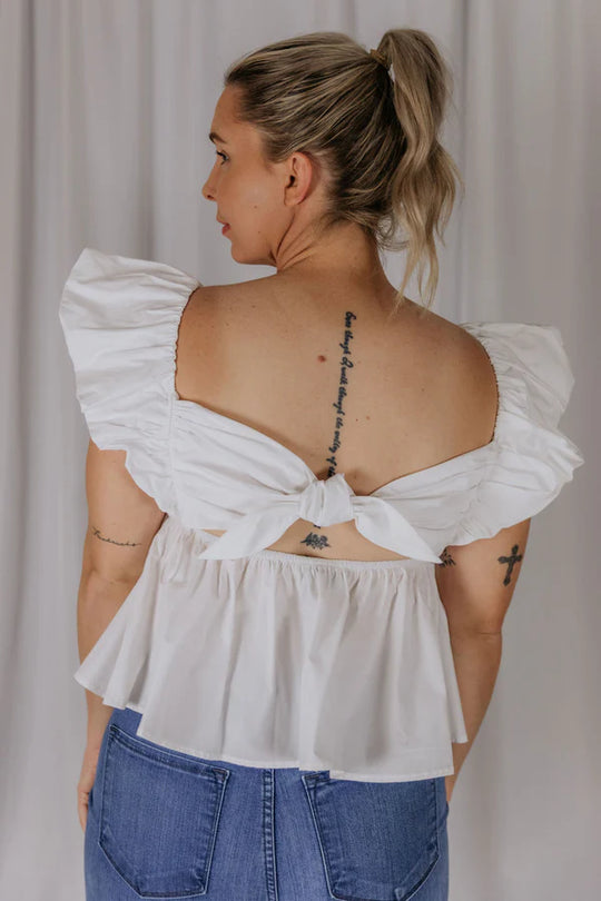 Womens El Jay Lori Flutter Top with Back Tie - White